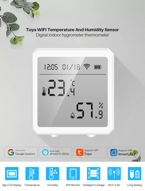 Бездротовий Wi-Fi датчик температури і вологості Tuya Humidity Sensor mir-te 200, Білий