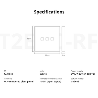 Бездротовий вимикач з реле Sonoff T2 rf433, Wi-Fi комплект, Білий