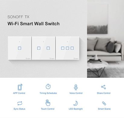 Сенсорний Wi Fi вимикач Sonoff TX T2eu2c с RF 433 МГц, Білий