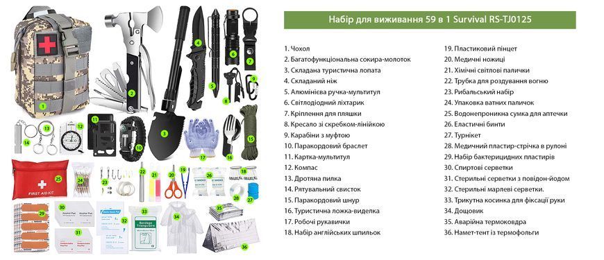 Багатофункціональний набір для виживання 59 в 1 Survival RS-TJ0125, Зелений