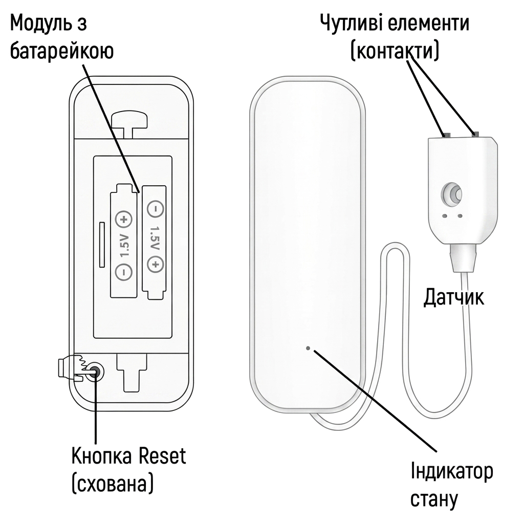 Будова датчика затоплення Tervix Pro Line ZigBee Flood Sensor: батарейний модуль, контакти